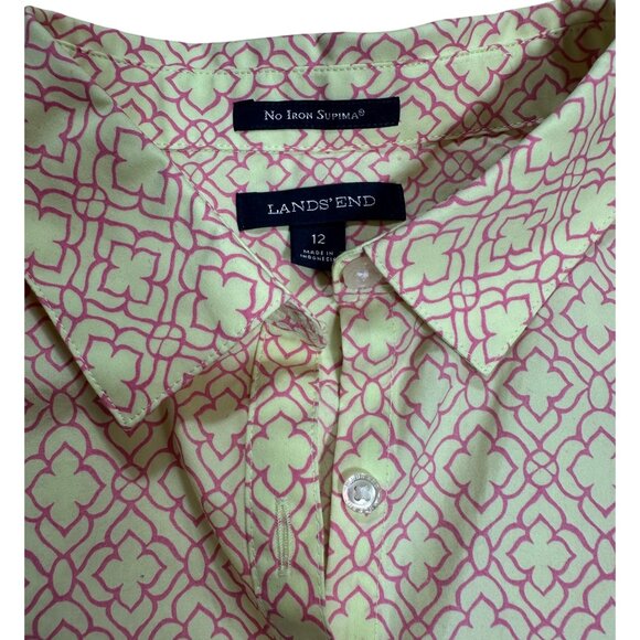 Lands End Women's No Iron Supima Yellow Pink Patterned Button Up Shirt Size 12 - Picture 2 of 5